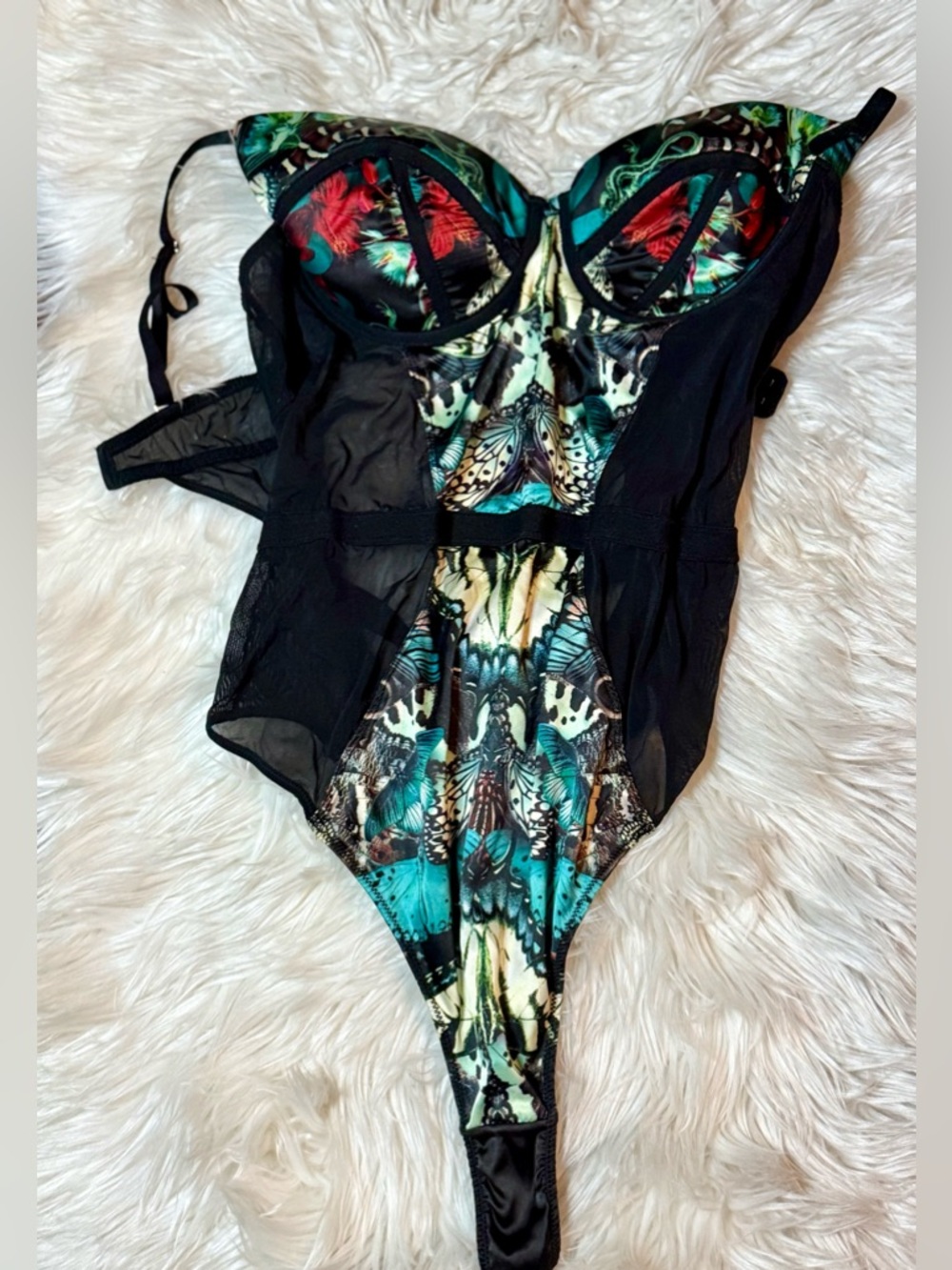 Thistle and Spire Black Mesh Bodysuit with Teal and Red Butterfly Print